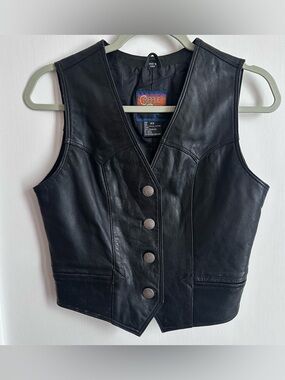 Vintage Black Leather Vest with Silver Buttons Size XS